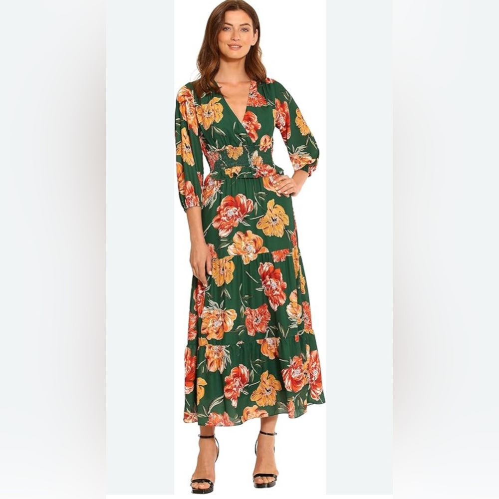 Maggy London 3/4 Sleeve Tiered Ruffled Floral Maxi Dress Sz 6 NWT Pine Green